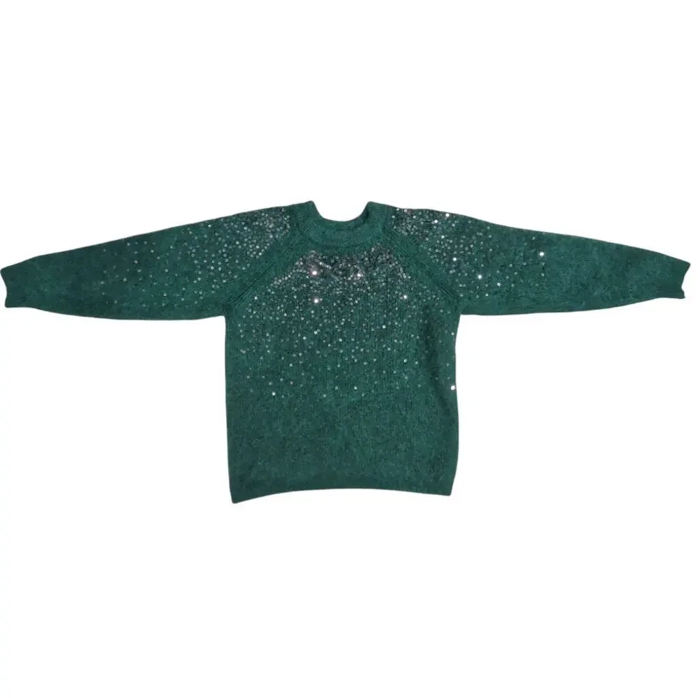 MARKS & SPENCER Green Sweater Size M Silver Sequins Crew Neck Raglan Sleeve Cozy